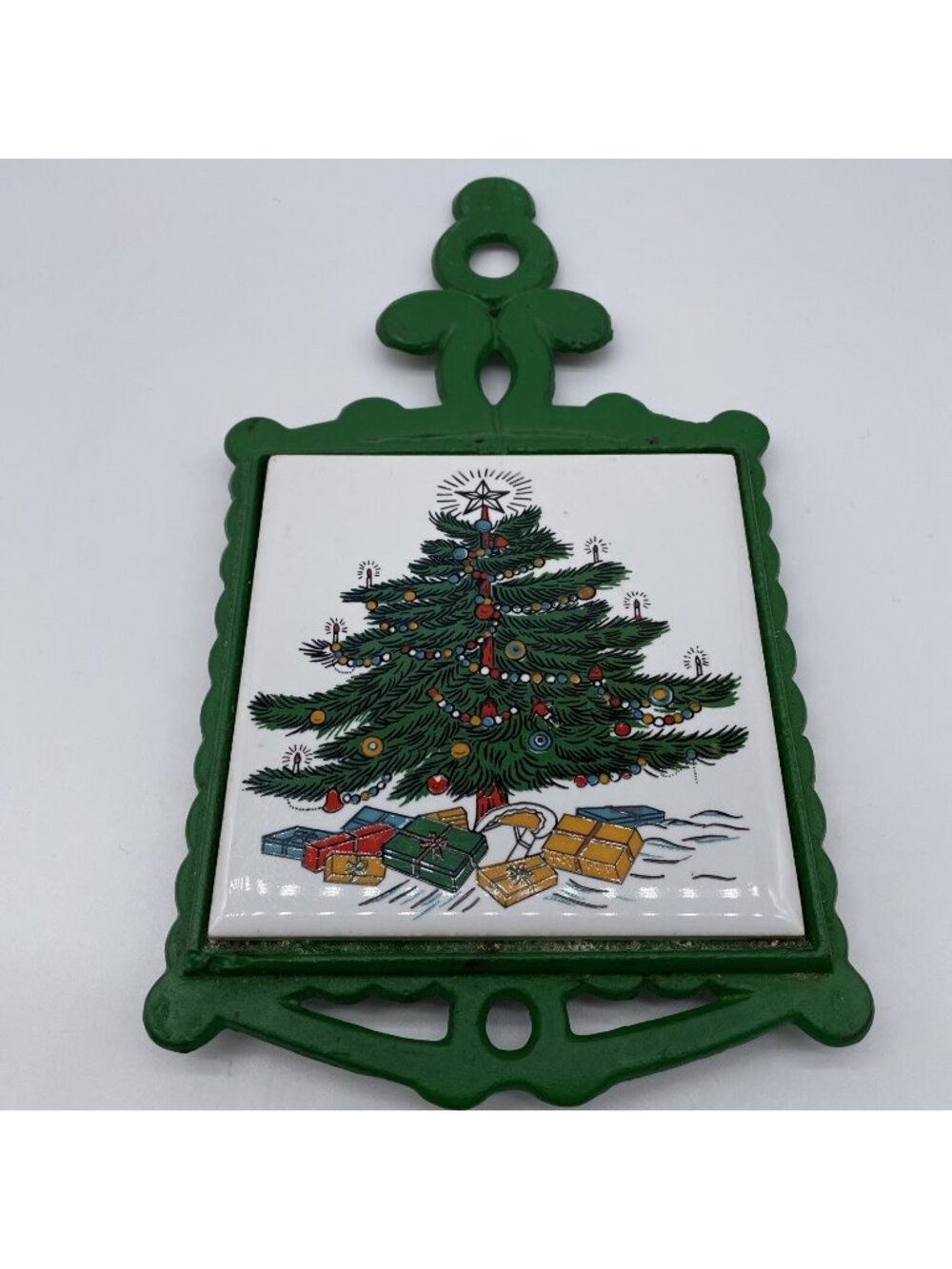 Cathay Trivet Tile Christmas Tree Ceramic Green Wrought Iron Holder Wall Hanger